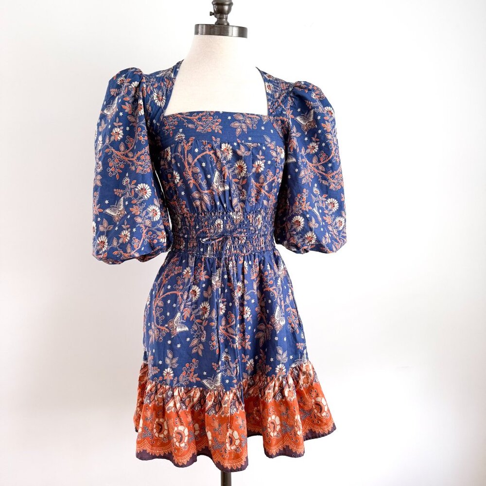 House of Harlow 1960 Natassia Balloon Sleeve Mini Dress XS Blue Orange Floral